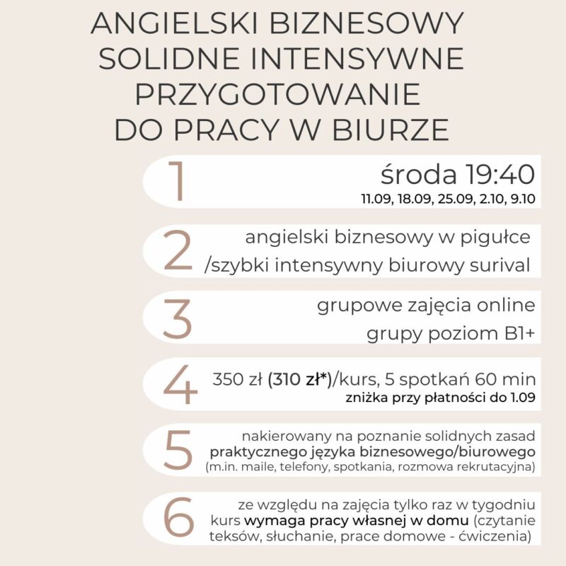 Kurs językowy "angielski biznesowy w pigułce". Biurowy Survival. Środa 19:40